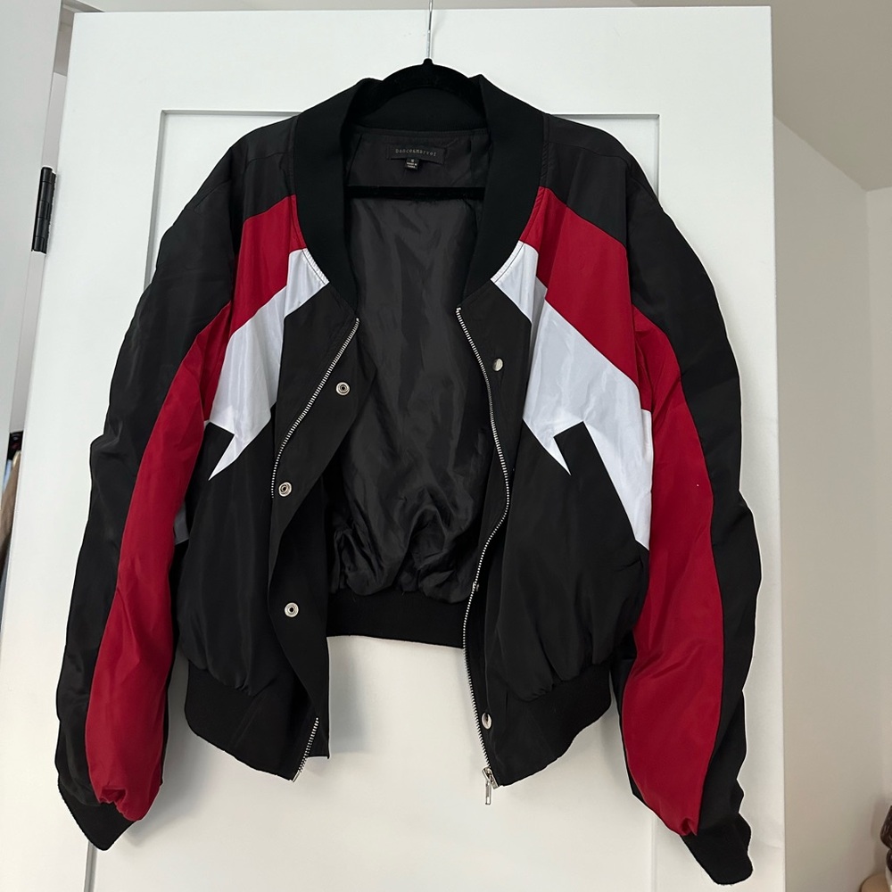 black, white & red bomber jacket